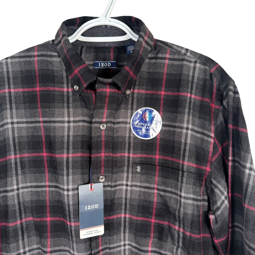 IZOD Stratton Flannel Shirt Mens M Black Grey Plaid Button Down Cotton NEW